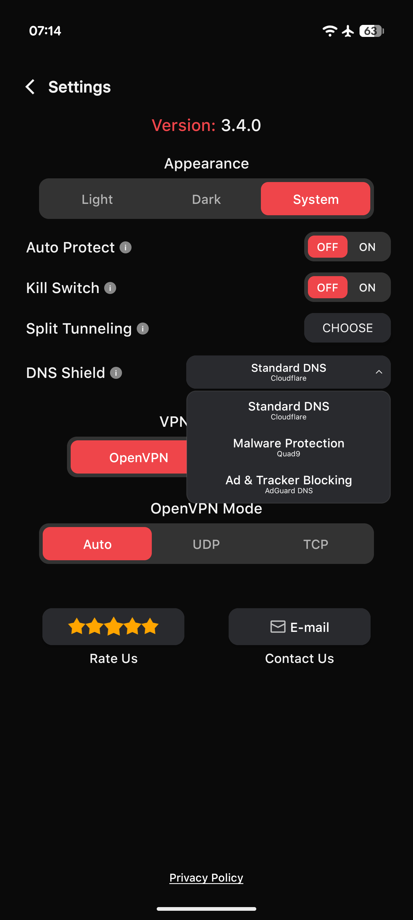 Savage VPN settings showing DNS Shield and VPN protocol controls